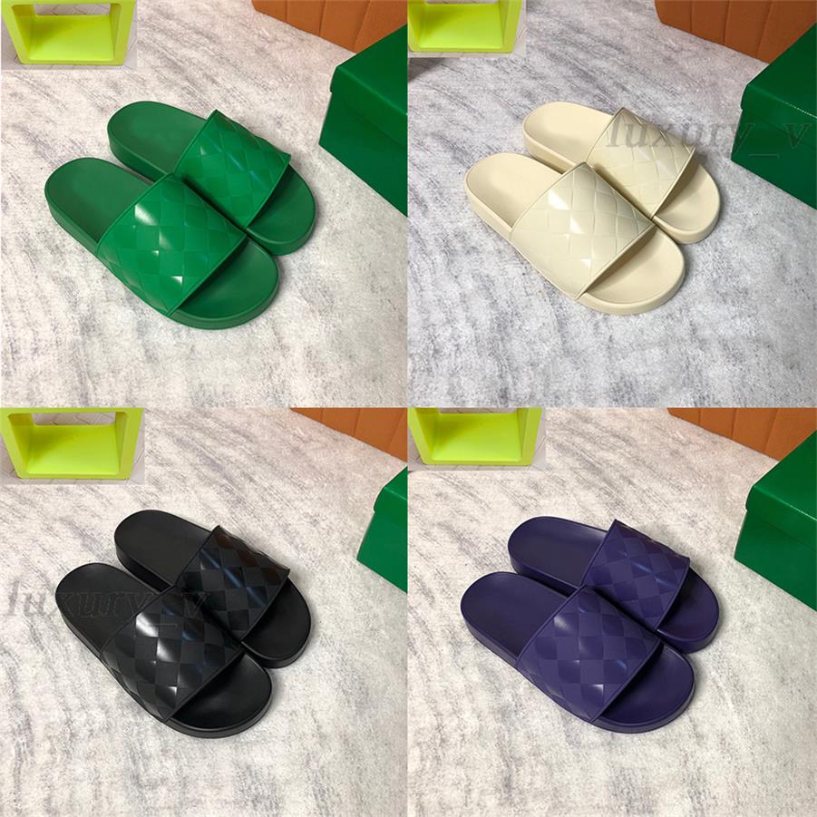 

Designer Women Slippers Rubber Slides Embossed Slide Sandals Dark Blue Creamy White Black Flats Fashion Summer Beach Flip Flops 2023