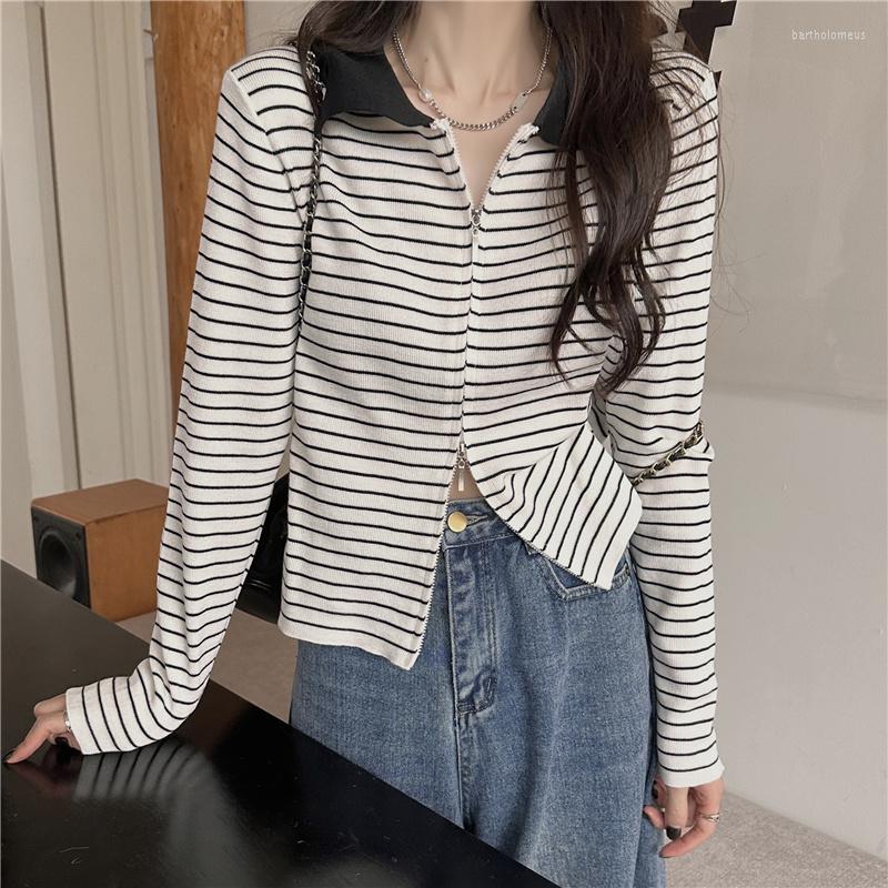 

Women's Knits Double Zipper Knitted Cardigans Women Autumn Fashion Striped Slim Korean Sweaters Turn-down Collar Female Knitwear, Black