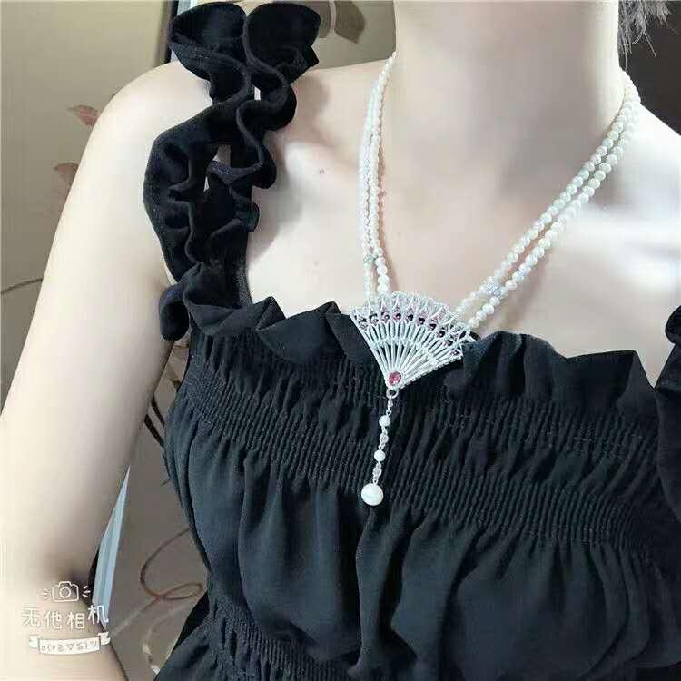 

Chains Hand Knotted 2rows 6-7mm White Freshwater Pearl Micro Inlay Zircon Fan Accessories Necklace Long 45-48cm