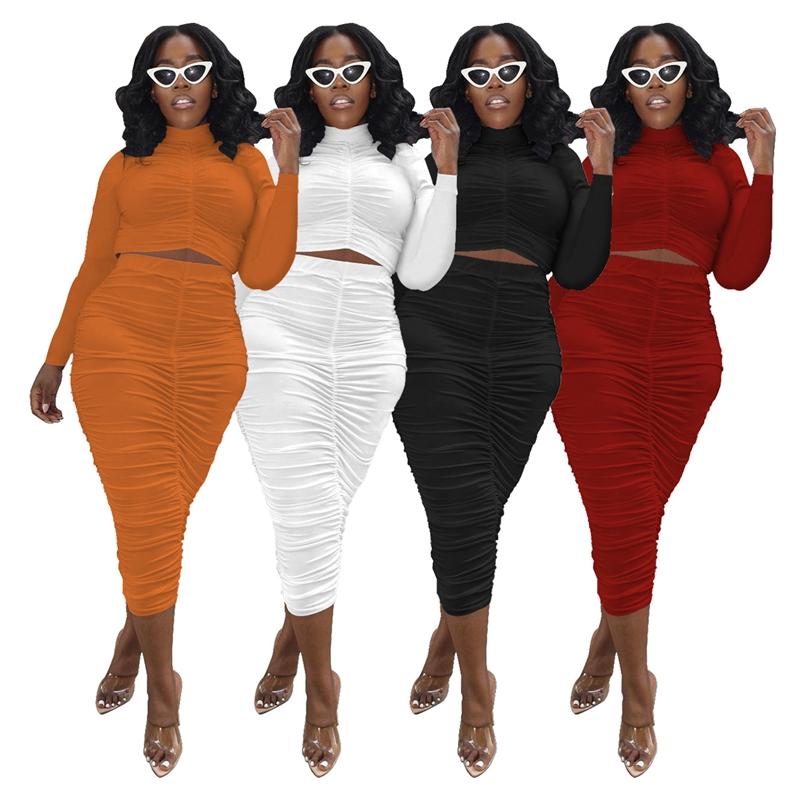 

Women' Swimwear Autumn Winter Two Piece Set Women Sexy Solid Folds Long Sleeves Crop Top Skirt Sets Club Outfits Streetwear Plus Size Whole, Black