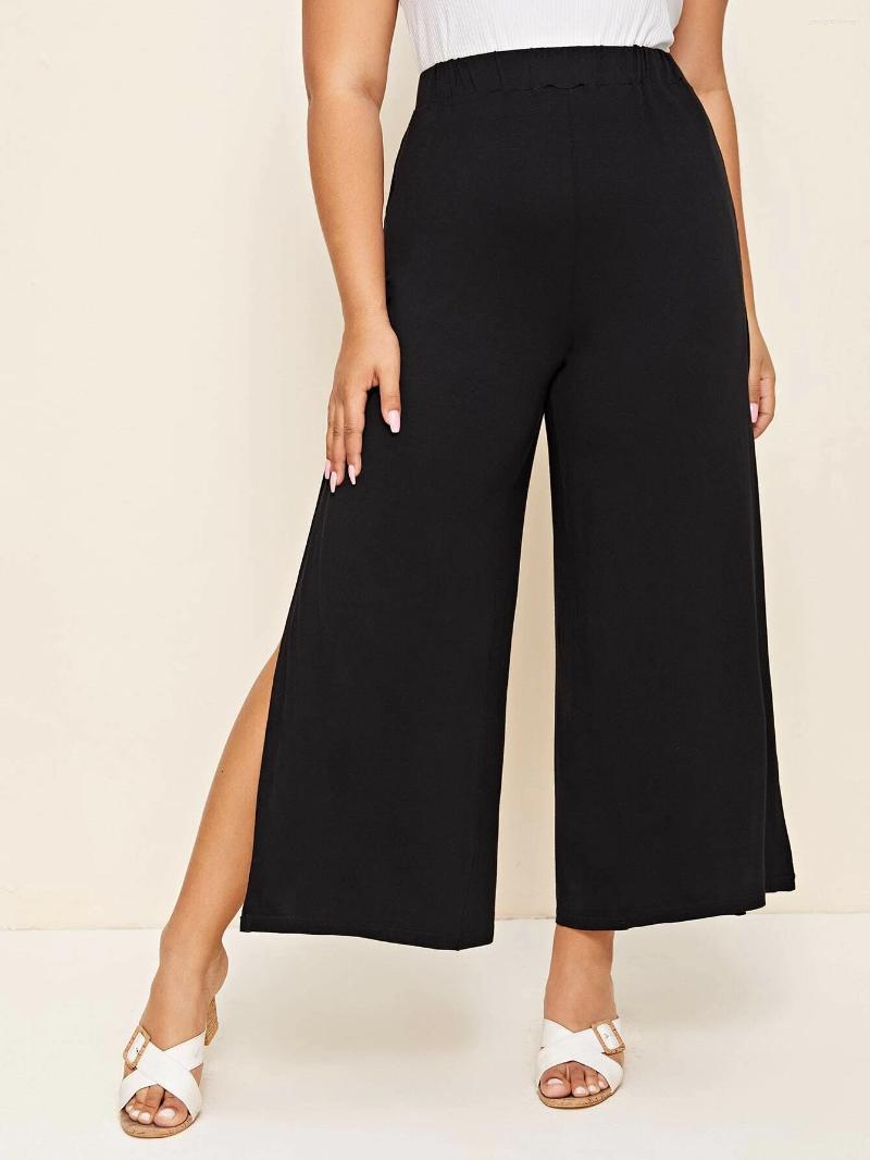 

Pants Plus Size Elegant Spring Autumn Elastic Waist Wide Leg Women Casual Black Slit Front Straight Trousers Large 6XL