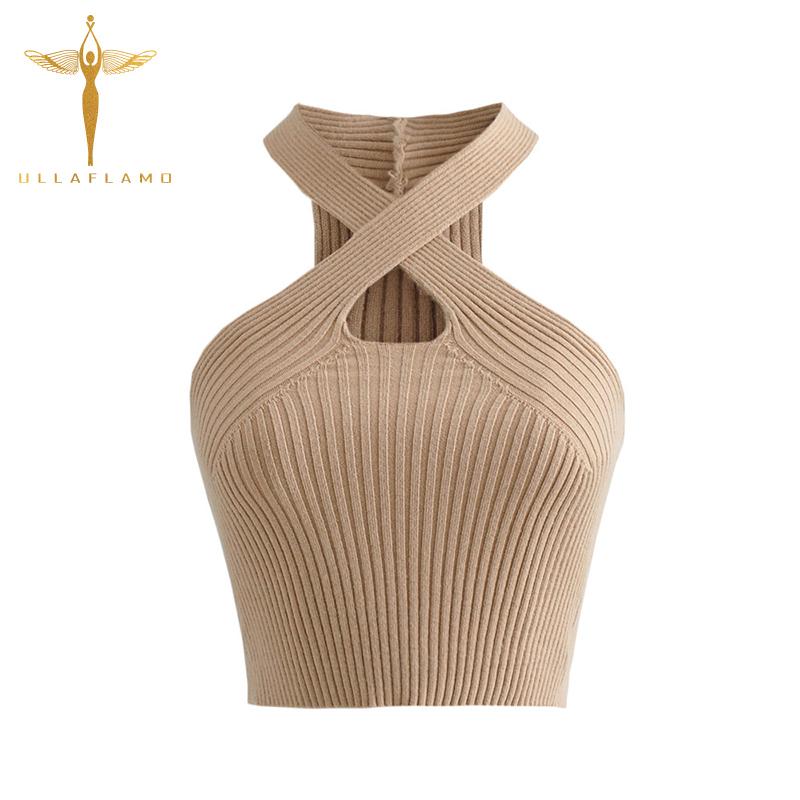 

Women's Tanks & Camis Sexy Backless Skinny Crop Tops Women Front Cross Knit Rib Vest Hollow Off-Shoulder Tank Halter Y2K Female, White