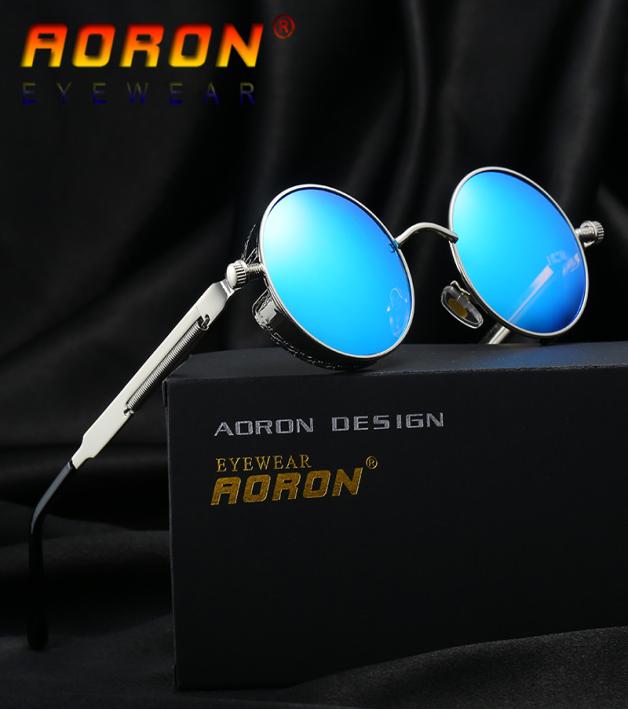 

Sports Polarized Men039s Sunglasses AORON Gothic Steampunk Mirrored Round Circle spectacles Retro UV400 Glasses Vintage with Br3382610