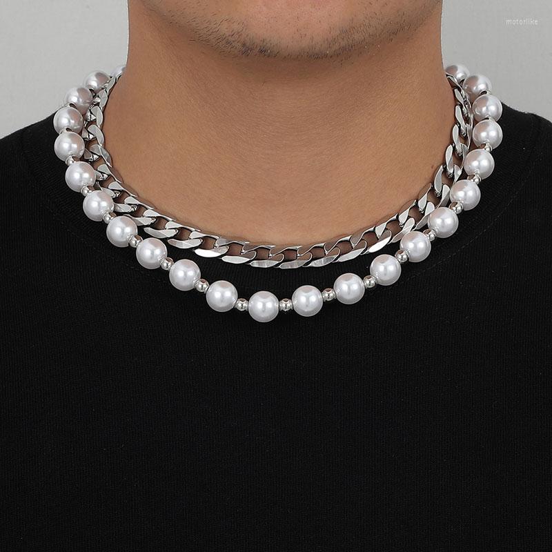 

Chains Fashion Men's Stainless Steel Necklace Cool Style Double Layer Cuban Chain Six Sided Grinding Heavy Pearl For Men