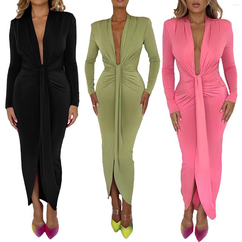 

Casual Dresses Women' Deep V Neck Bodycon Midi Dress Long Sleeve Solid Color Shoulder Pad Party, Maroon