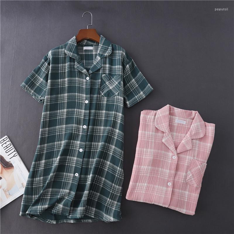 

Women's Sleepwear Cotton Crepe Gauze Plaid Nightgown Summer Short Plus Size Home Sleepshirts Turn-down Collar Sleep Dress, Pink