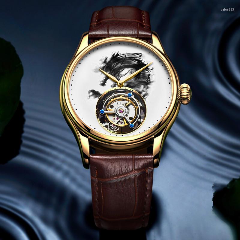 

Wristwatches AESOP Bran Tourbillon Watch Luxury Ink Painting Dragon Sapphire Mechanical Hand Wind Wristwatch Waterproof For Men Reloj Hombre, Gold case