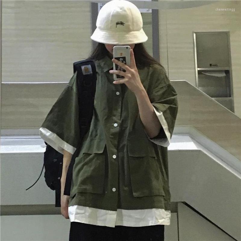 

Women' Blouses QWEEK Vintage Shirts Women Green Harajuku Blouse Japanese Y2k Oversized Short Sleeve Summer Top Preppy Streetwear Korean