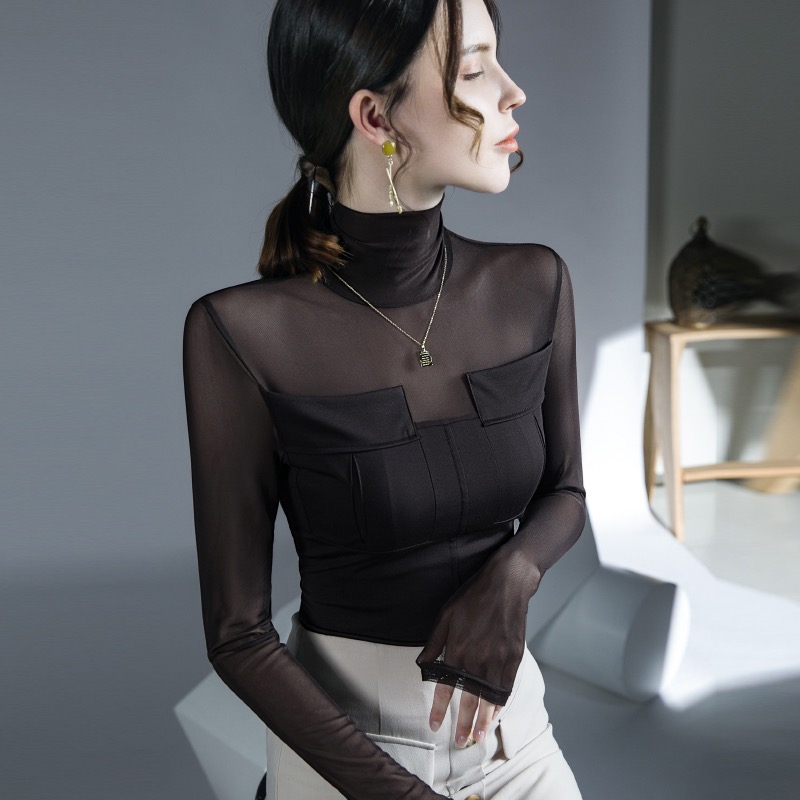 

23SS Women' Knits Mesh Patchwork Top Spring Autumn Outwear Tee Winter High Neck Inner Layering Long Shirts, 811