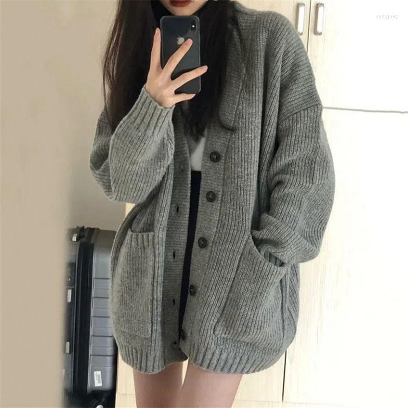 

Women's Knits Gray Knitted Cardigan Oversized Women Autumn Winter Sweater Vintage Single Breasted Korean Outwear Thick Pockets Preppy O383