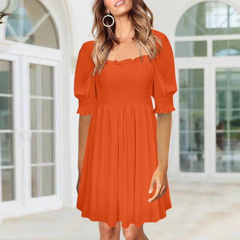 

Party Dresses Puff Sleeve Summer Dress Women Casual Bohemian Square Collar Ruffles Beach Mini Slim High Waist White