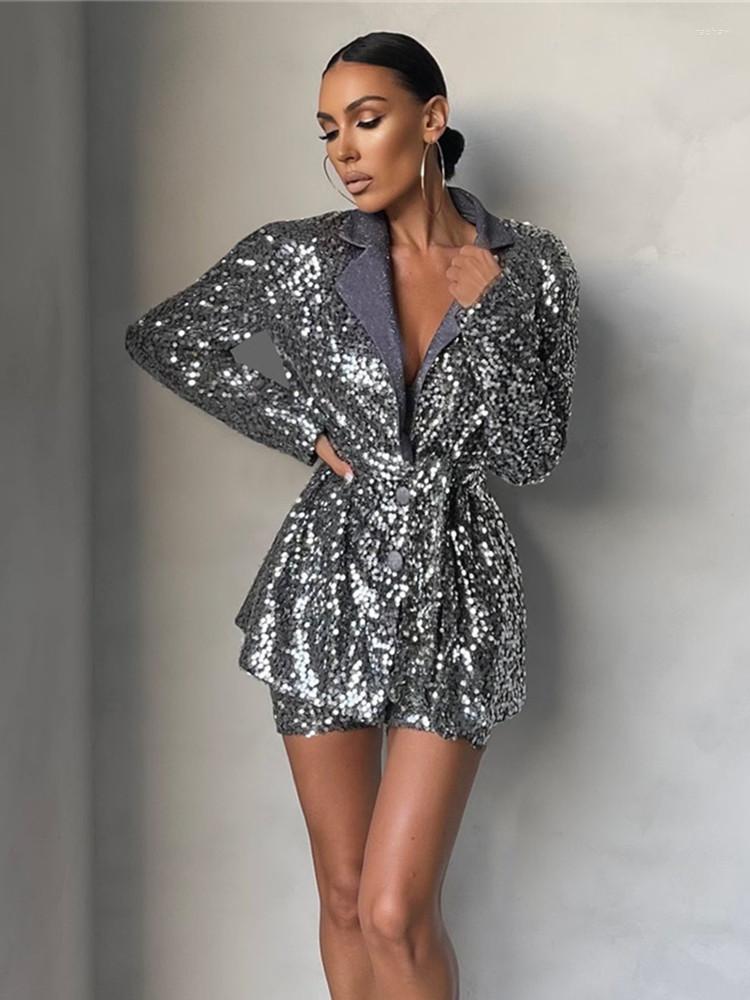 

Women' Tracksuits 2023 Women Clubwear Fall Summer Long Sleeve Button Down Shirts High Waist Shorts Shiny Sequins Two-Piece Sets