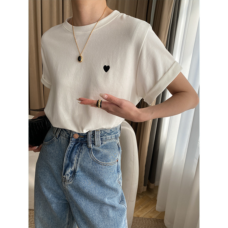 

Women's T-Shirt Spring and Summer Women's T-shirt Contrast Color Love Embroidery Comfortable Cotton Casual Short-sleeved T-shirt Loose 230413, Black