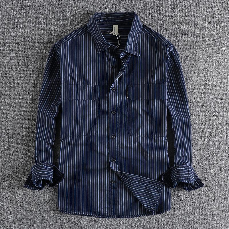 

Men's Casual Shirts 2023 Spring Art Fresh Yarn-dyed Stripe Long Sleeve Shirt Men's Simple Pocket Design Daily Thin Coat 69, Blue