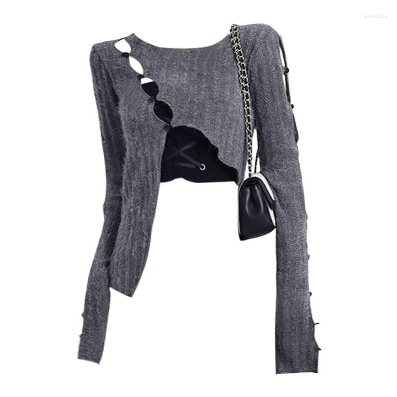 

Women's Knits Sexy Hollow Out Irregular Knitted Top Harajuku Y2K Pullovers Streetwear Long Sleeved Korean Style Split Pullover Thin Sweaters