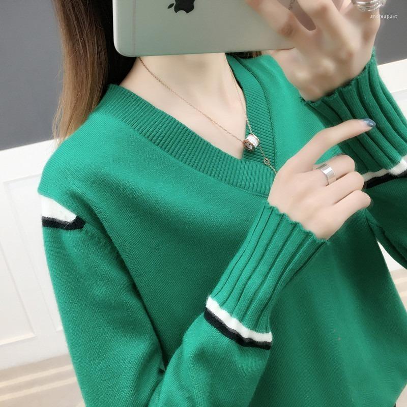 

Women' Sweaters V-Neck Sweater Loose Autumn And Winter 2023 Korean Style Versatile Short Pullover Chicken Heart Neck Knitting, Green