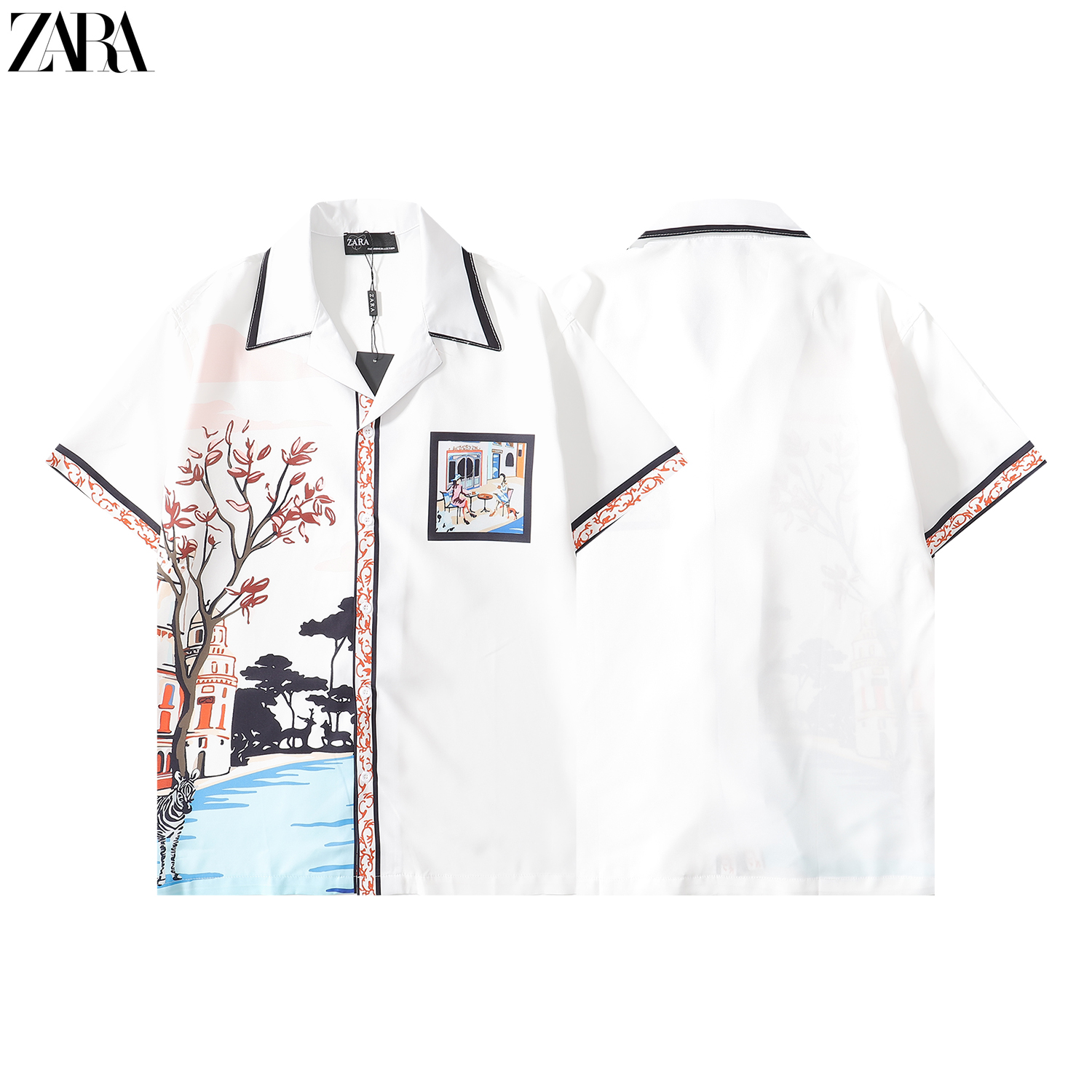 

Autumn New White Printed Shirt Womens Top Versatile Design Sense French Short Sleeve Temperament Loose and Slim Shirt, Multi