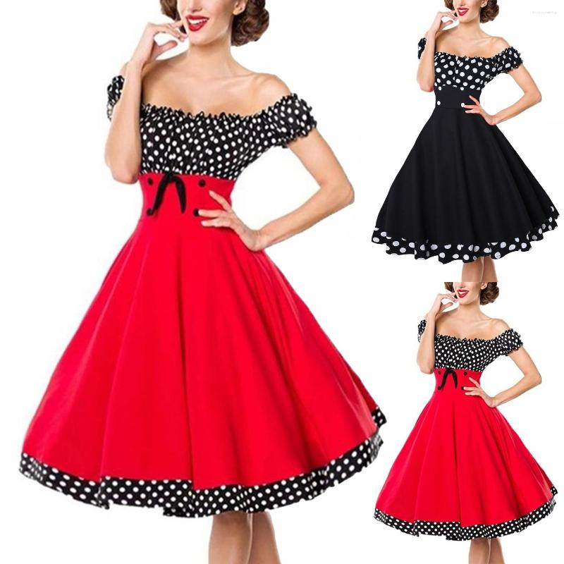 

Casual Dresses Elegant Polka Dot Patchwork Vintage Women 2023 Robe Hepburn Style Slash Neck Off The Shoulder Summer Party Prom Dress, Petticoat red