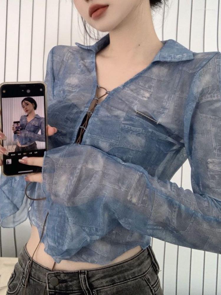 

Women's Knits 2023 Summer Vintage Long Sleeve Cropped Cardigan Bandage Sexy Turn Down Collar Basic Y2k Aesthetic Women Tops, Blue