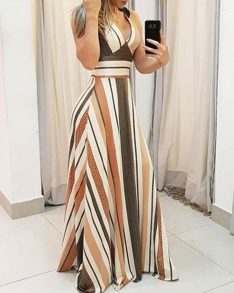

Casual Dresses 2023 Striped Colorblock Plunge Maxi Dress, Khaki