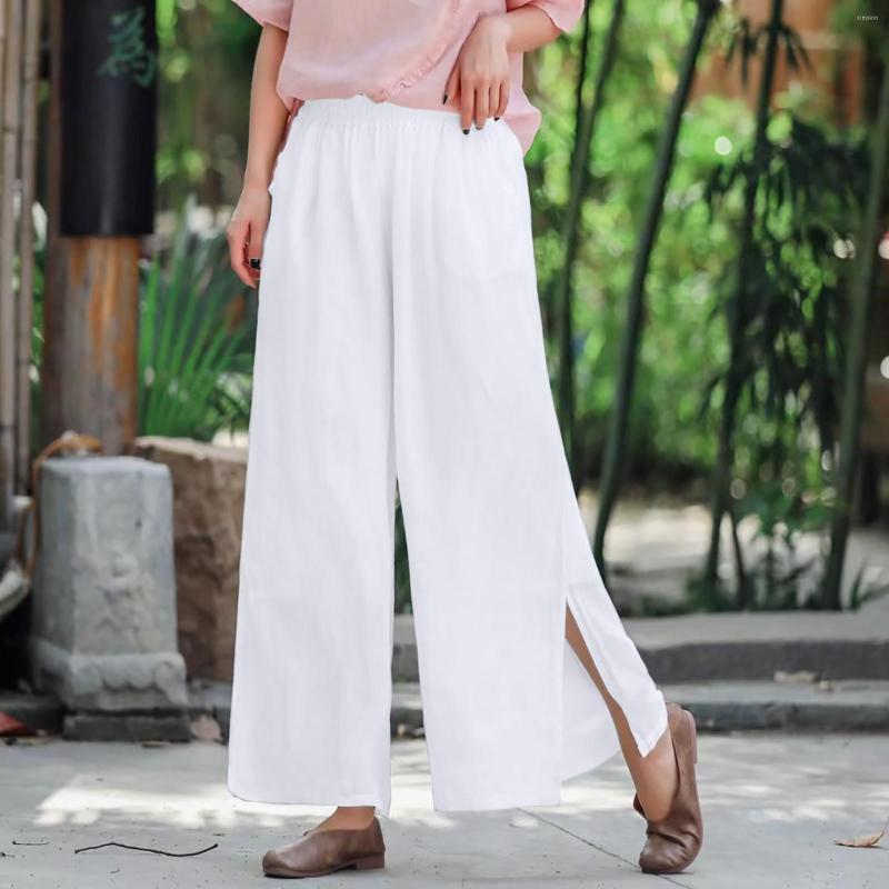 

Women's Pants 2023 Ladies Casual Spring Summer Elastic Breathable Trousers Loose Cotton And Linen Wide-leg Slit With Pockets, Beige