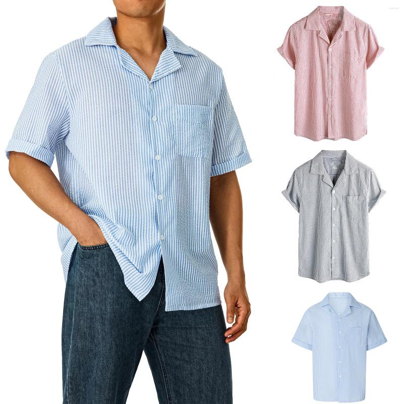 

Men' Casual Shirts Men Fashion Wild Stripe Turn-Down Collar Rolled Hem Short Sleeve Blouses Summer Pocket Beach Holiday Loose Tops, Blue