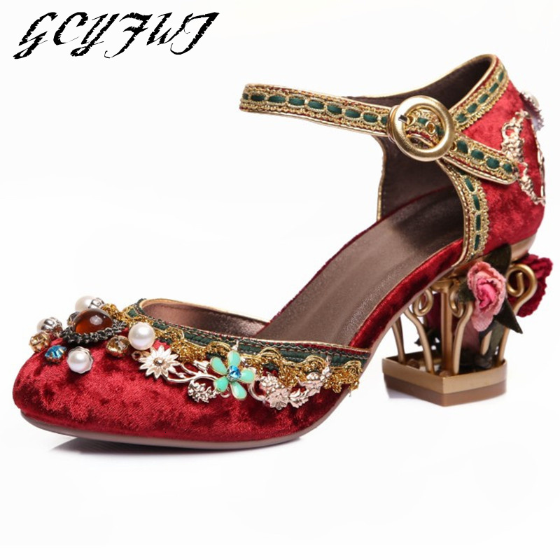 

Sandals Women Sandals Vintage Hand-stitched Beaded Shaped Hollow Wedding High Heels Ladies Shoes Velvet Buckle Bird Cage Buty Damskie 230413, Blue