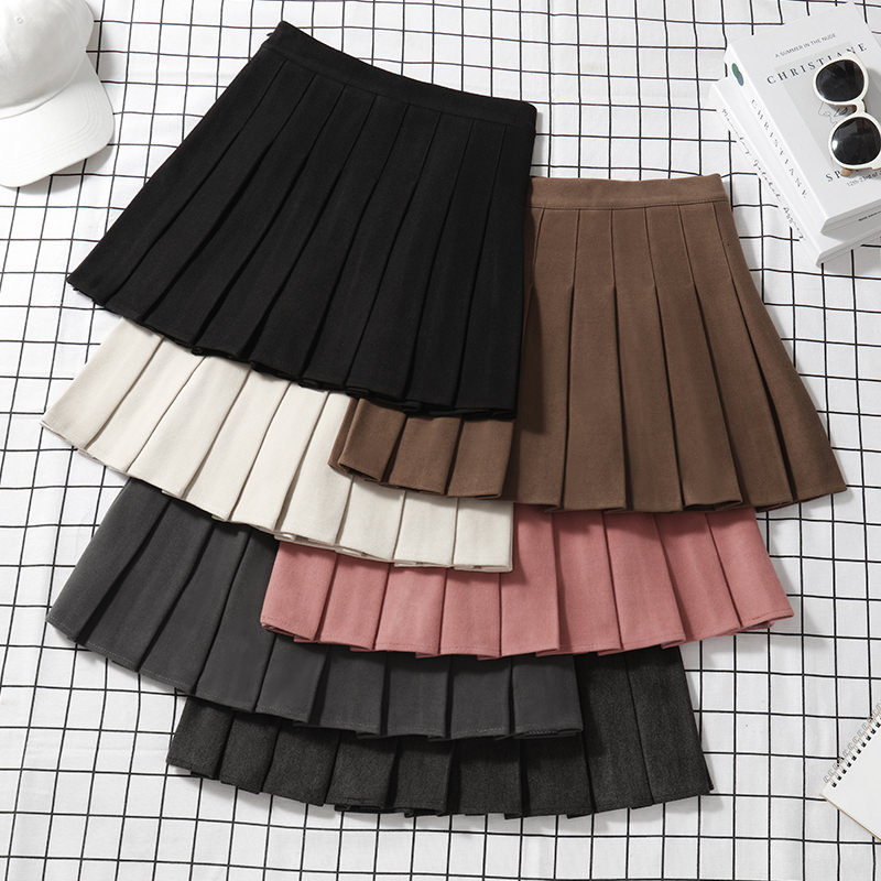 

Skirts Brown Tweed Pleated Skirt Women's Autumn Winter High Waist A- Line Slimming Skirt Thickened Spring Plus Size Short Pantskirt 230413, Black