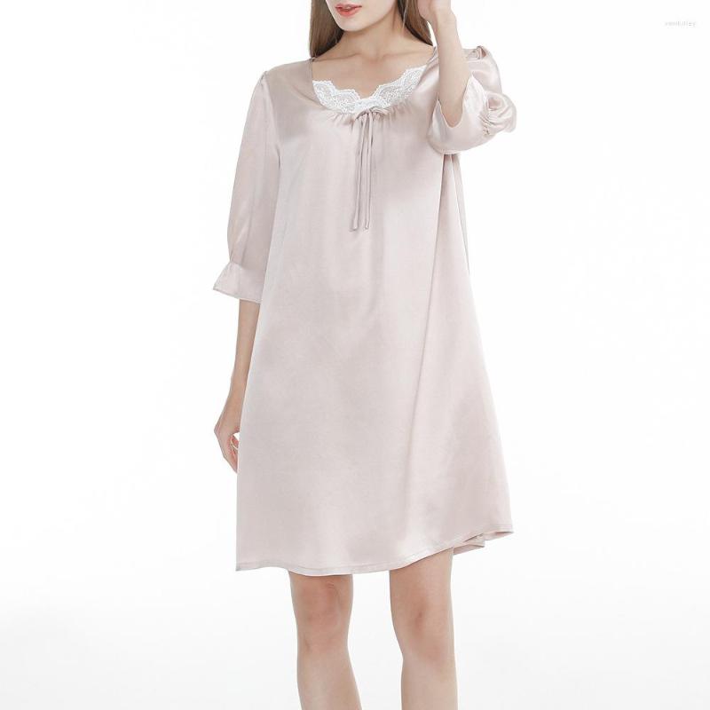

Women's Sleepwear Mulberry Silk Nightdress Women's Solid Lace Stitching Half Sleeve Pajamas Home Clothes Sexy Nightwear, Pink