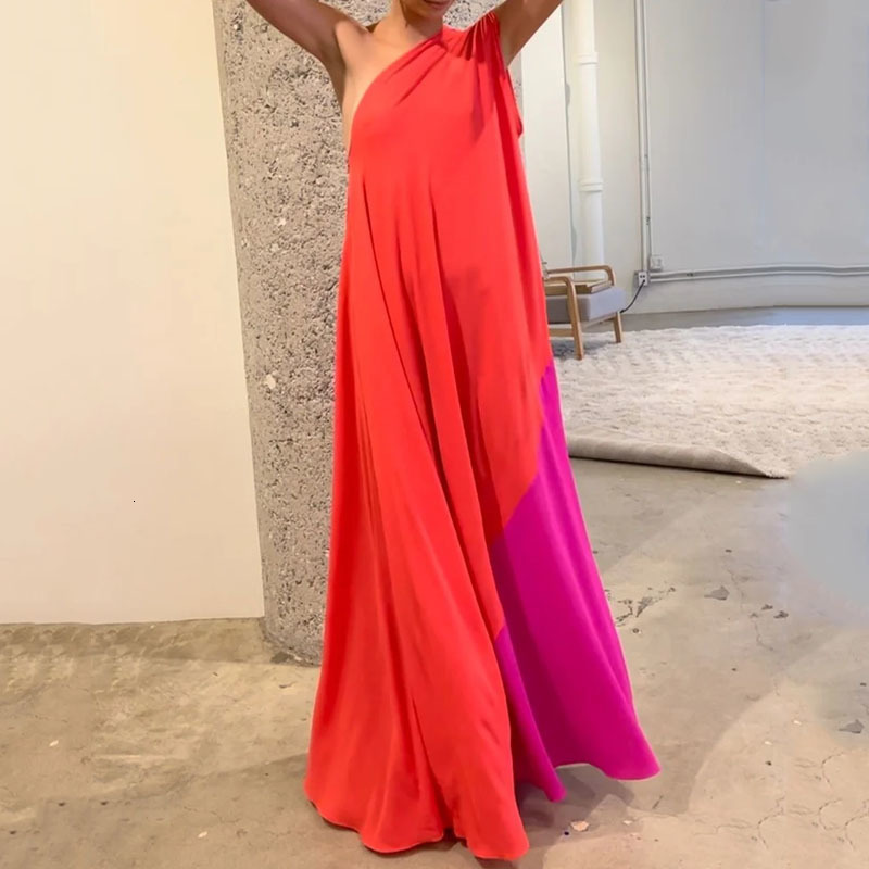 

Casual Dresses LIYONG Women Maxi Dress Casual Fashion One Shoulder Sleeveless Loose Color Block Beach Vacation Party Dresses High Streetwear 230413, Black