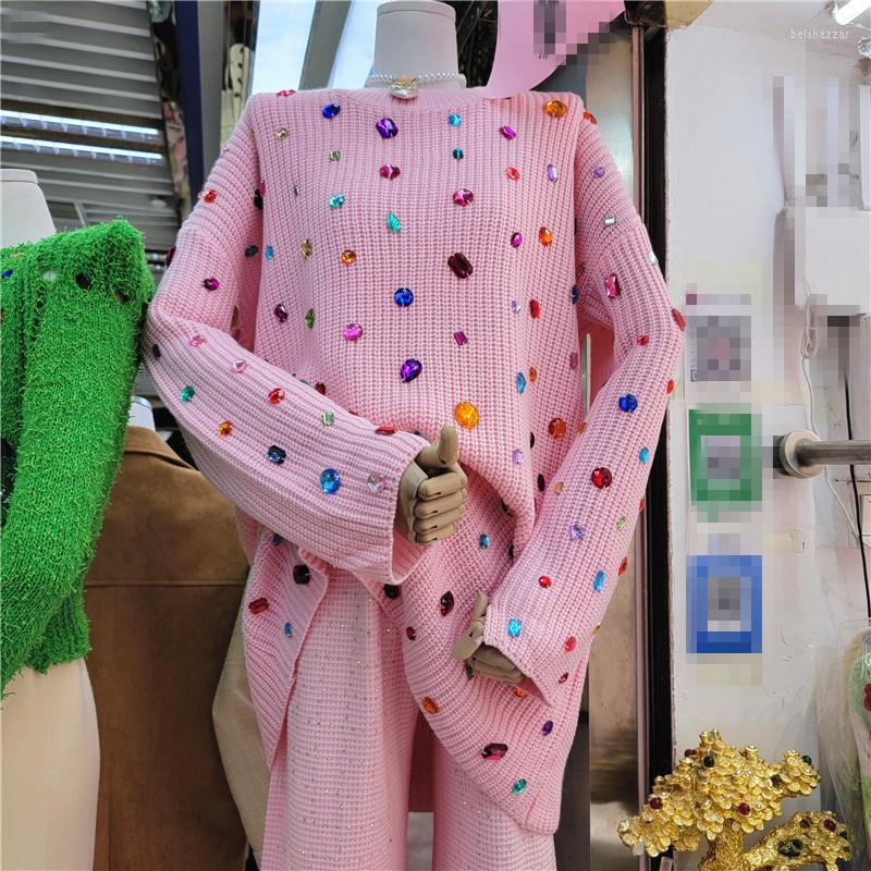 

Women's Sweaters Diamond Knitted Sweater Women Autumn Winter 2023 Korea Style Fashion Loose Round Neck Knit Pullover Top Pink