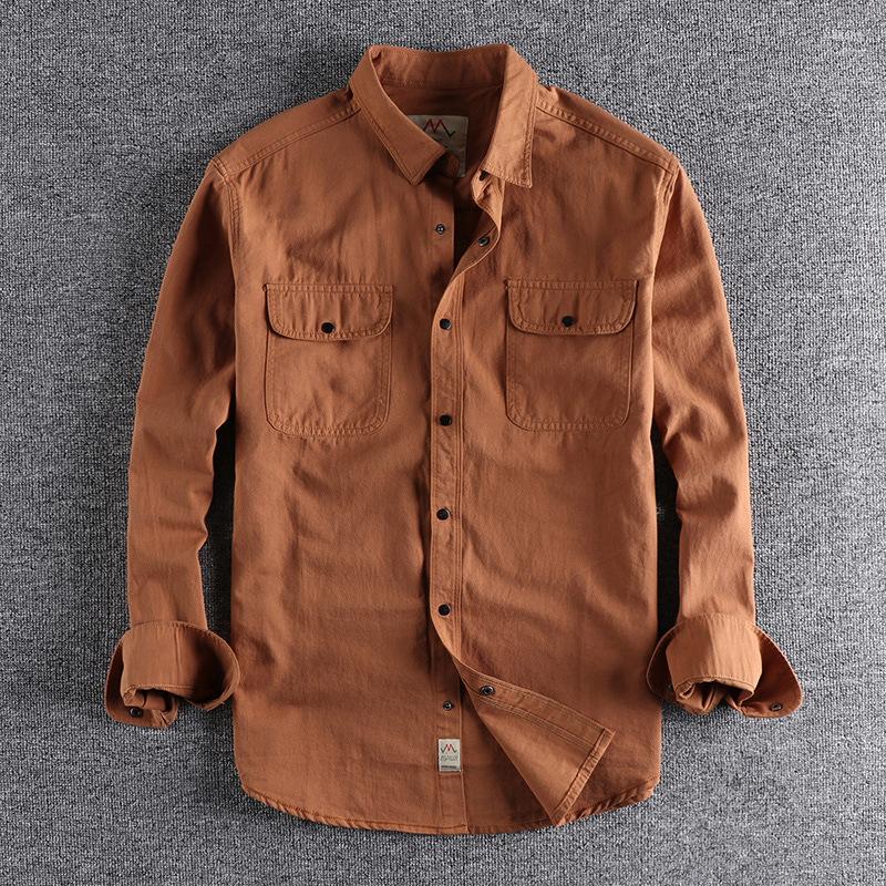 

Men's Casual Shirts Sleeve Patch Washed Grain Woven Cotton Long Shirt Men's Daily Tooling Retro Trend Youth Thin Coat, Orange