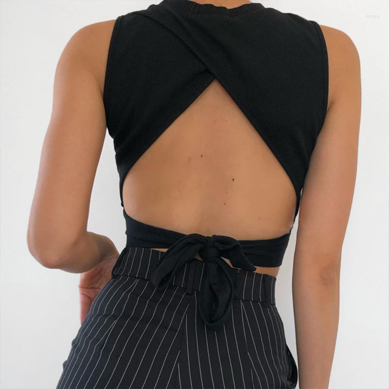 

Women' Tanks Sexy Backless Women Tank Top Bandage Slim Crop Summer 2023 Casual Streetwear Tops Solid Cotton Soft Criss Cross, Black