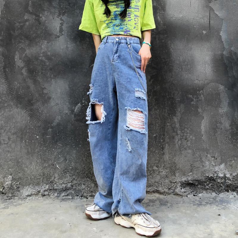 

Women' Pants Hip-hop American Old-fashioned Washed Hole Vintage Loose Split Jeans Couple High Street Summer Thin Section, Light blue
