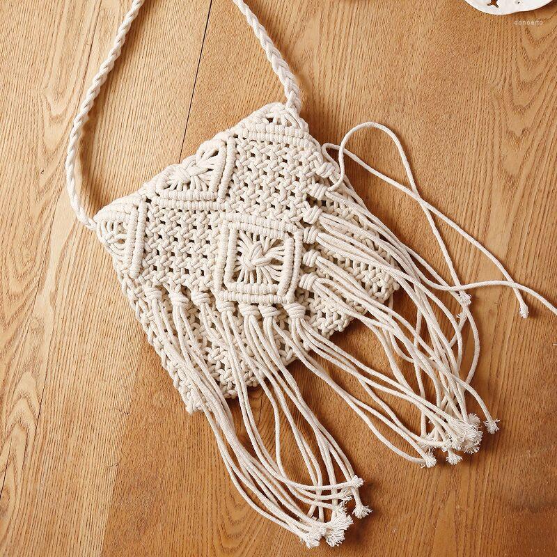 

Shoulder Bags Women Girls Summer Small Macrame Cross Body Ladies Boho Fringe Tassel Bag Handmade Cotton Rope Crochet Crossbody Purse, Beige