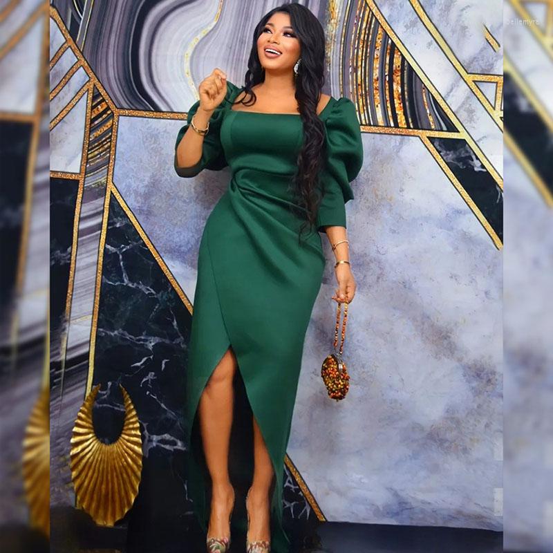

Ethnic Clothing African Dresses For Women Summer Green Square Collar Stacked Sleeve Waist Slit Banquet Party Dress Kanga Robe Africaine