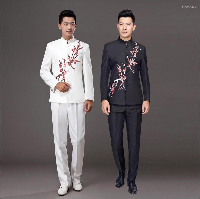 

Men' Suits White Black Plum Blossom Zhongshan Jacket Pants Performance Costume Male Host Singer Clothing Chorus Stage