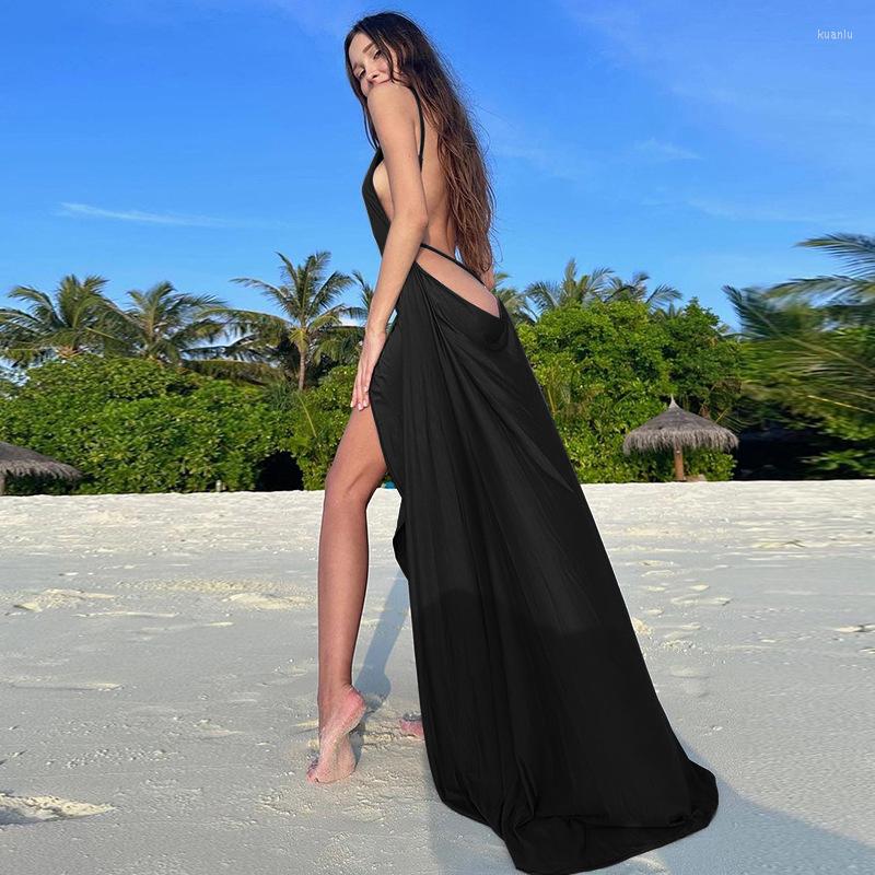 

Casual Dresses 2023 Sexy Backless Slip Long Dress Elegant Summer Holiday Style Beachwear Sleeveless Draped V-Neck Maxi, Black