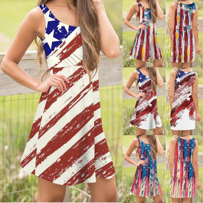 

Casual Dresses Mini Women' Sleeveless Flag Print Dress Sexy American, Wine