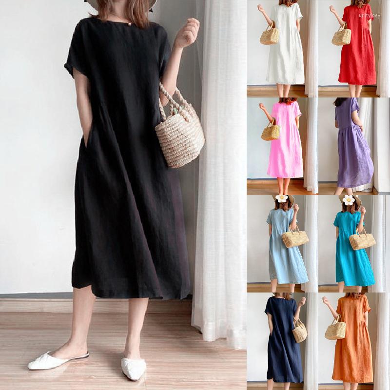 

Casual Dresses Women Summer Simple Dress Loose Short Sleeve A-line Oversize Midi Cotton Linen