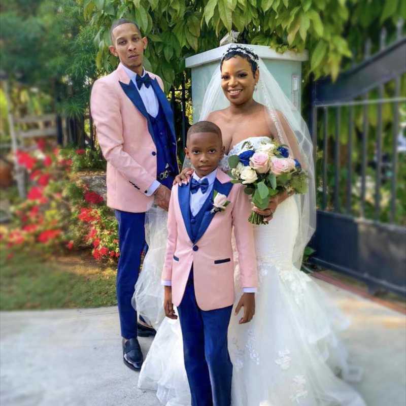 

Men's Suits & Blazers Pink Blazer With Blue Lapel And Pants Men 3 Pieces Slim Fit Jacket Vest Pants/Child Same Wedding Handsome Sets, Child suit