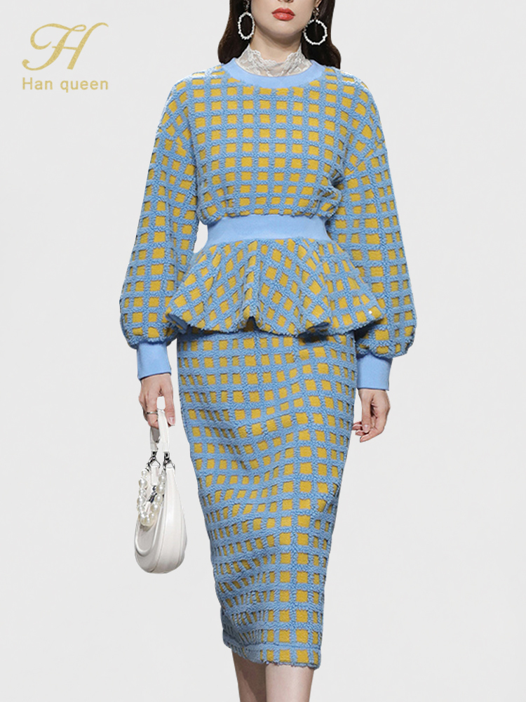 

Two Piece Dress H Han Queen Winter Korean Woman Plaid 2 Pieces Set Collision Sweatshirt Top Vintage Pencil Skirt Simple Suit 230413, Blue