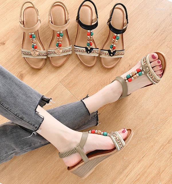 

Sandals LIHUAMAO Bohemia Wedges Comfort Spring Summer Casual Med Heel Ankle Strap Fashion Elegance Lady Women Shoes, Beige