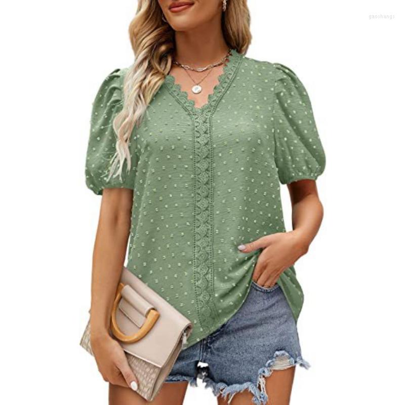 

Women' Blouses Fashion Shirt Dot Puff Short Sleeve Chiffon Blouse With Lace 2023 Summer Elegant Women Tops V-neck Clothes Blusas 25893, White