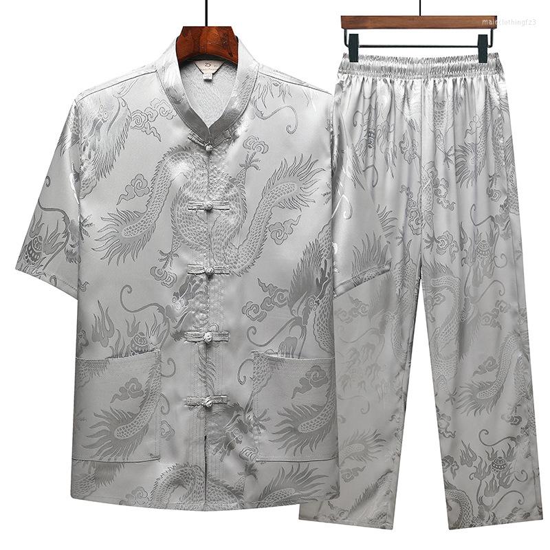 

Men's Casual Shirts Gray Traditional Chinese Style Tang Suit Print Pattern Handmade Buttons Blouse Men T Tops Jackets Pants, Beige