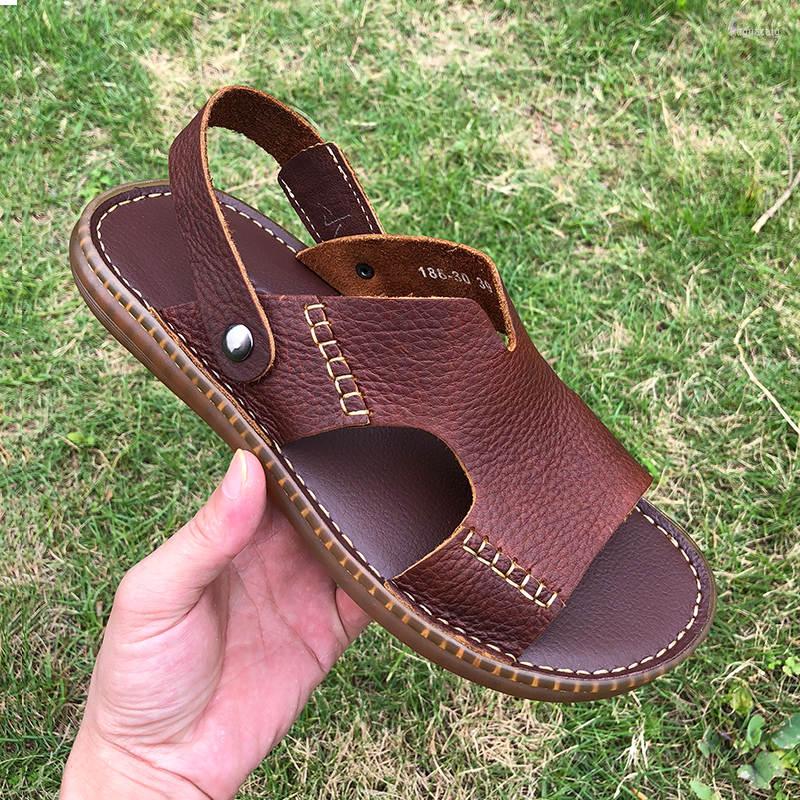 

Sandals US Size Men's Slides Shoes Lichee Grain Genuine Leather Casual Summer Outdoor Footwear Mature, Brown