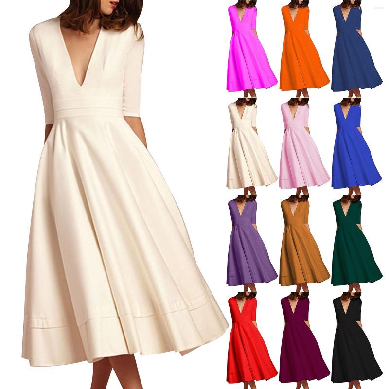 

Casual Dresses Personality Solid Color Deep V Neck Dress Simple And Exquisite Design Suitable Evening Party Occasions Women Midi Summer, White