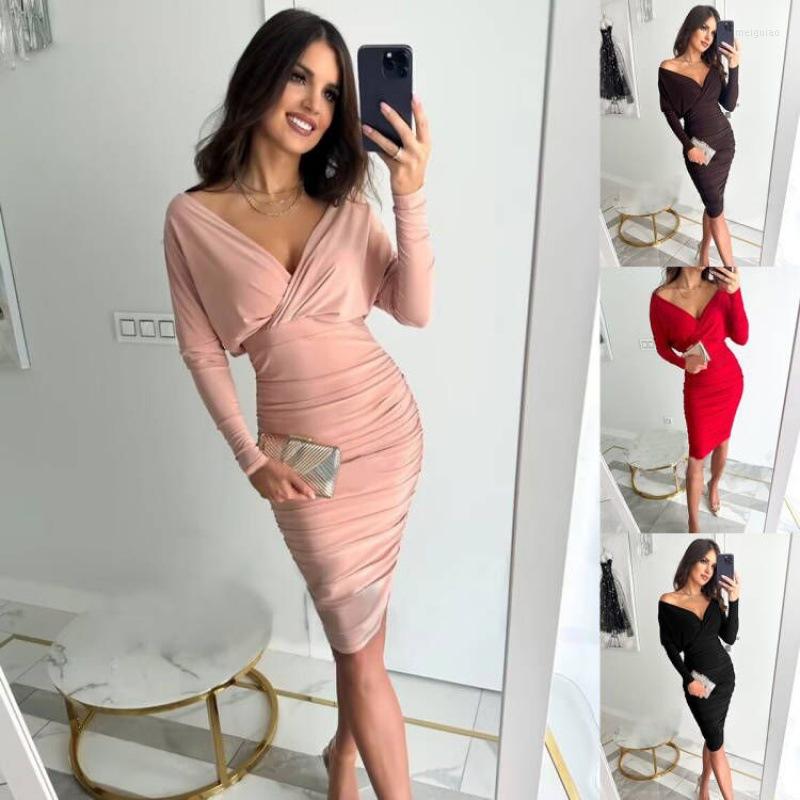

Casual Dresses Women V Neck Long Sleeve Bandage Knee Length Party Dress Summer Spring Female Solid Wrap High Elastic Waist Vestidos SZE-2271, Black