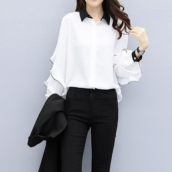 

Women's Polos Chiffon Loose Turn-down Collar Blouses Long SleeveSpring Autumn Korean Basic Shirt Top 5XL, White
