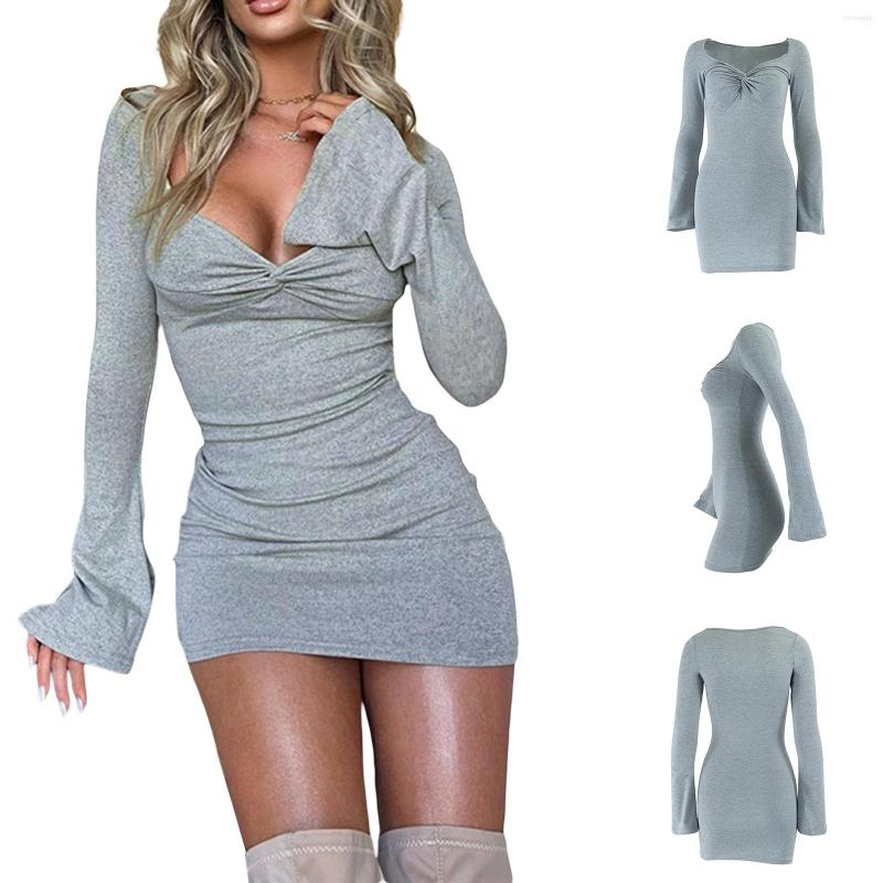 

Casual Dresses Women Sexy Slim Dress Long Sleeve V Neck Solid Color Spring Pleated Club Party Short Streetwear, Gray